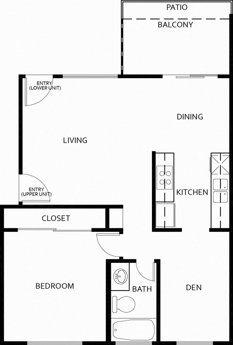Floor plan for 1 bed, 1 bath, 750 sqft